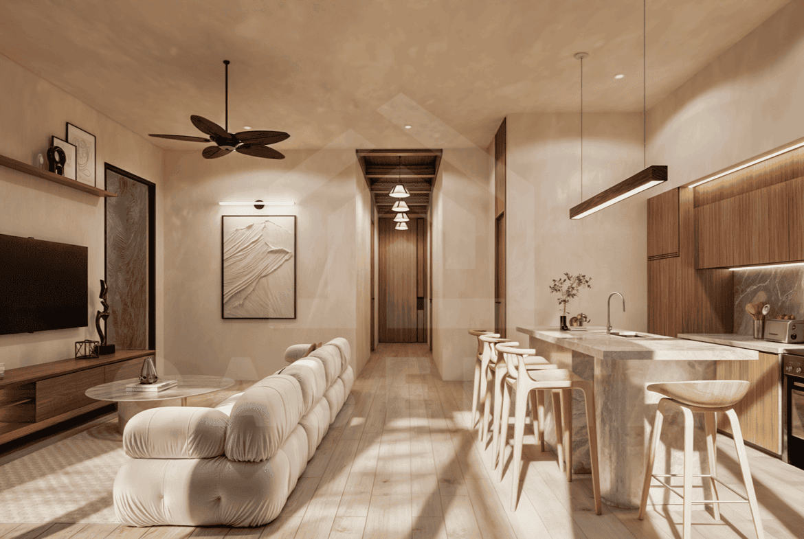 Living area inside stylish apartment in Uluwatu