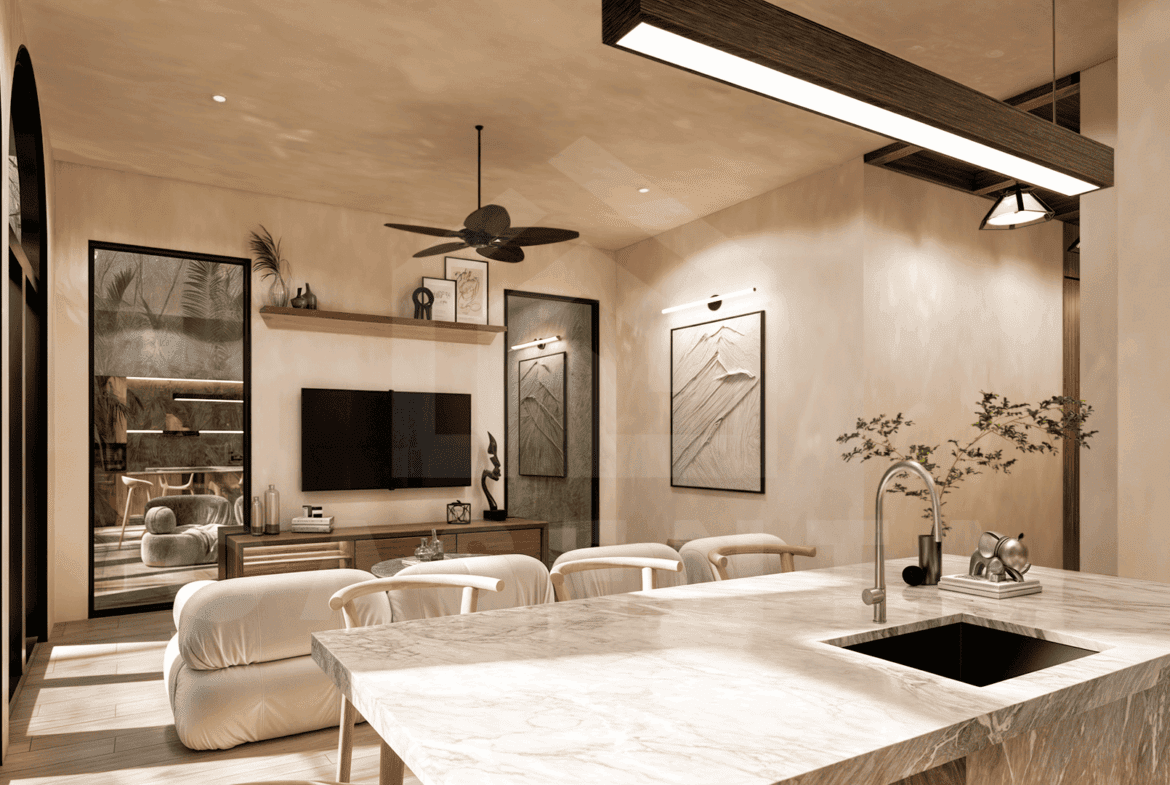 Living area inside stylish apartment in Uluwatu