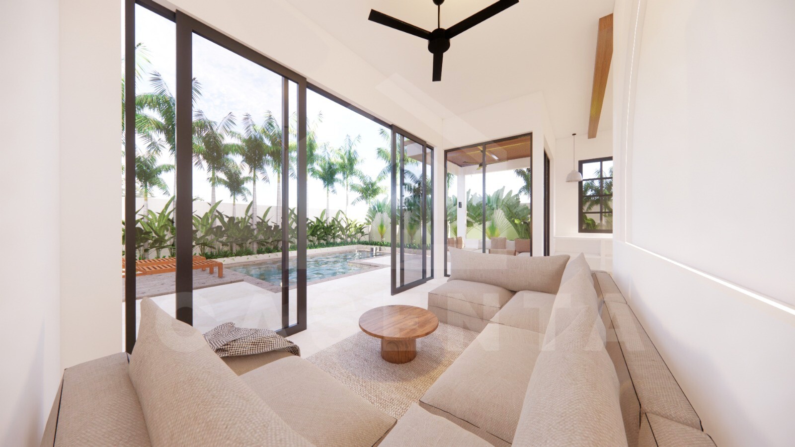 Living area inside beautiful 3 bedroom villa in Cemagi