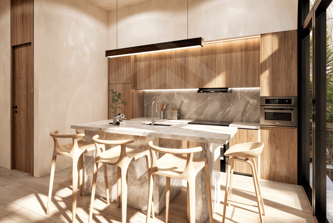 Kitchen/dining area inside modern 4 bedroom villa in Uluwatu