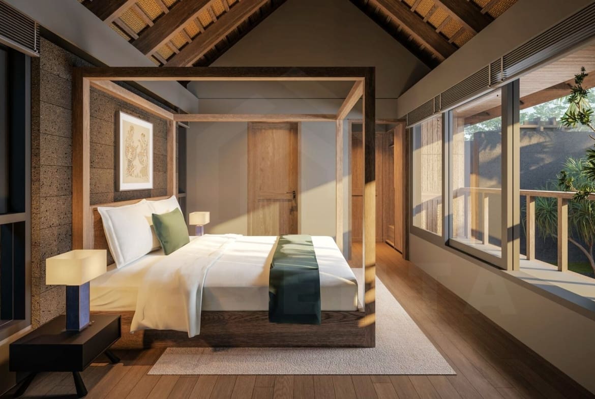 Bedroom inside modern Balinese villa in Ungasan