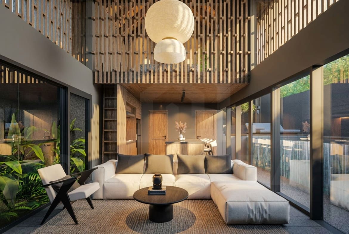 Living area inside modern Balinese villa in Ungasan