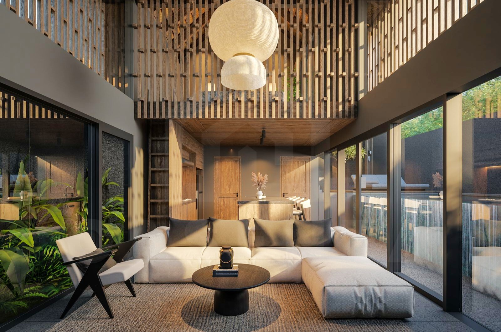 Living area inside modern Balinese villa in Ungasan