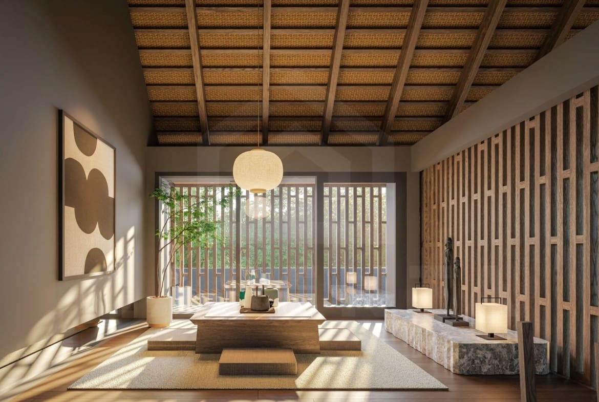 Mezzanine lounge inside modern Balinese villa in Ungasan