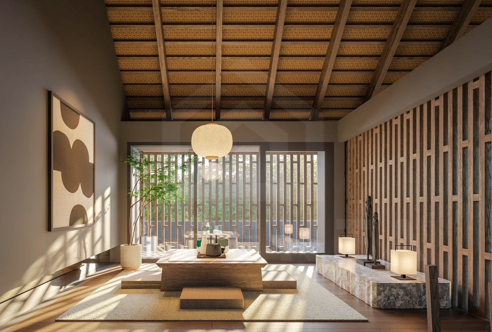 Mezzanine lounge inside modern Balinese villa in Ungasan