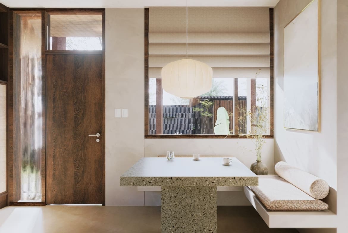 Dining area inside boutique apartment in Buduk