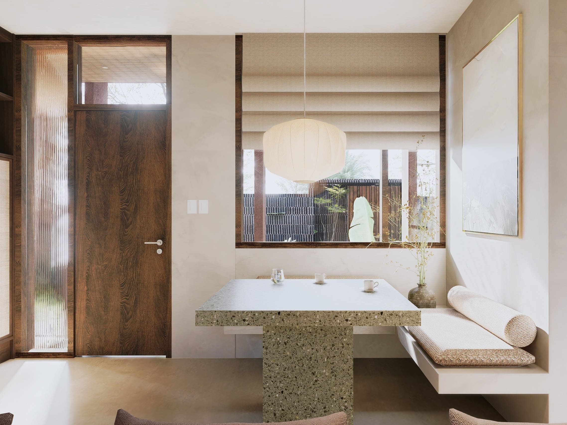 Dining area inside boutique apartment in Buduk
