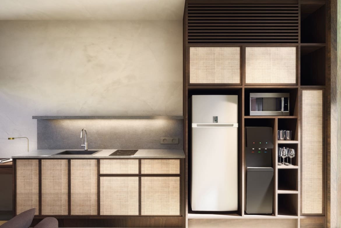 Kitchen inside boutique apartment in Buduk