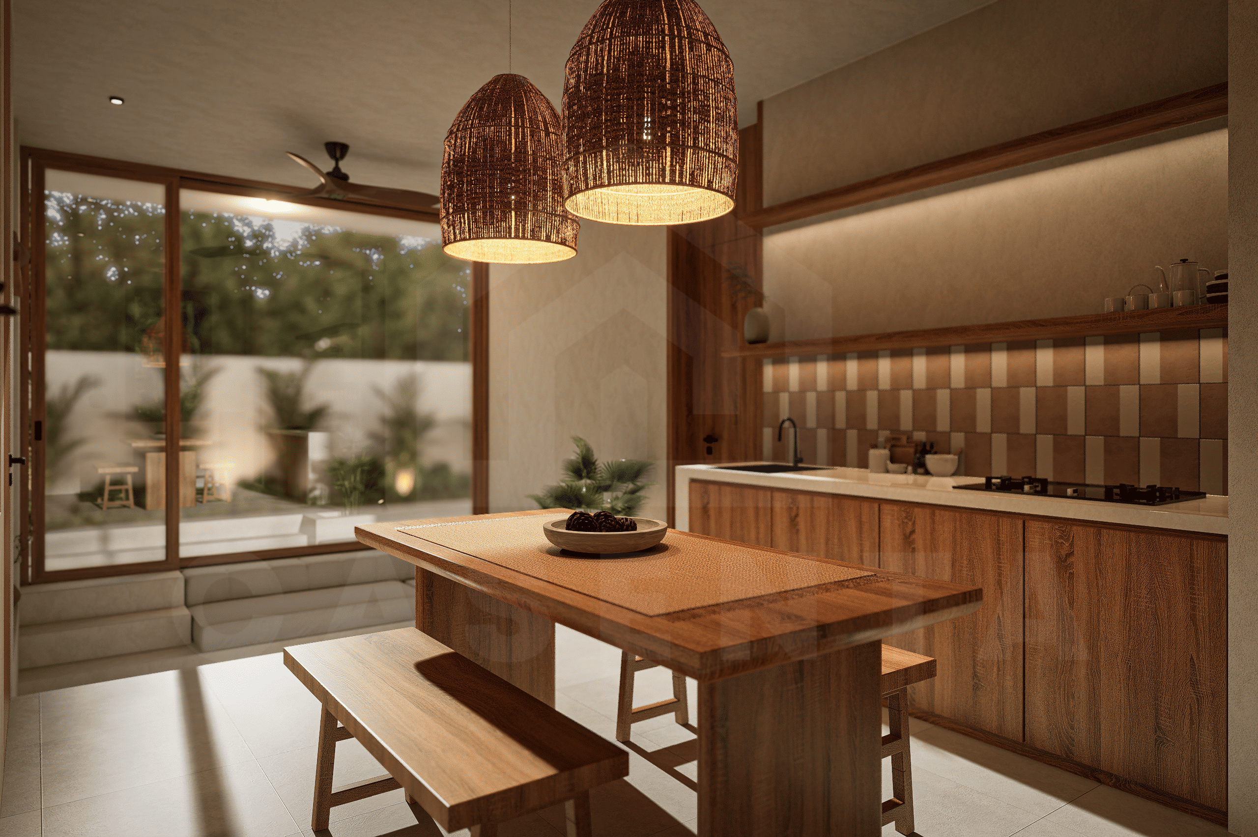 Kitchen/dining space inside convenient 2 bedroom villa in Tumbak Bayuh