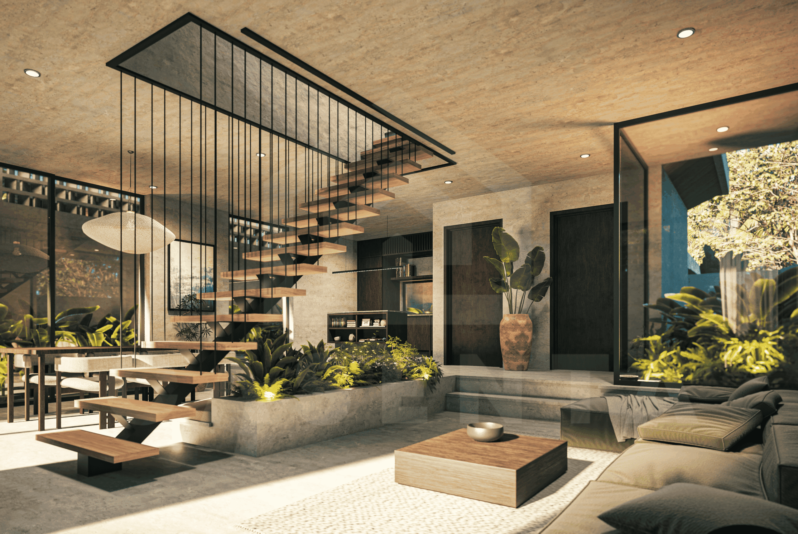 Spacious living area in modern Bingin villa with pool view.