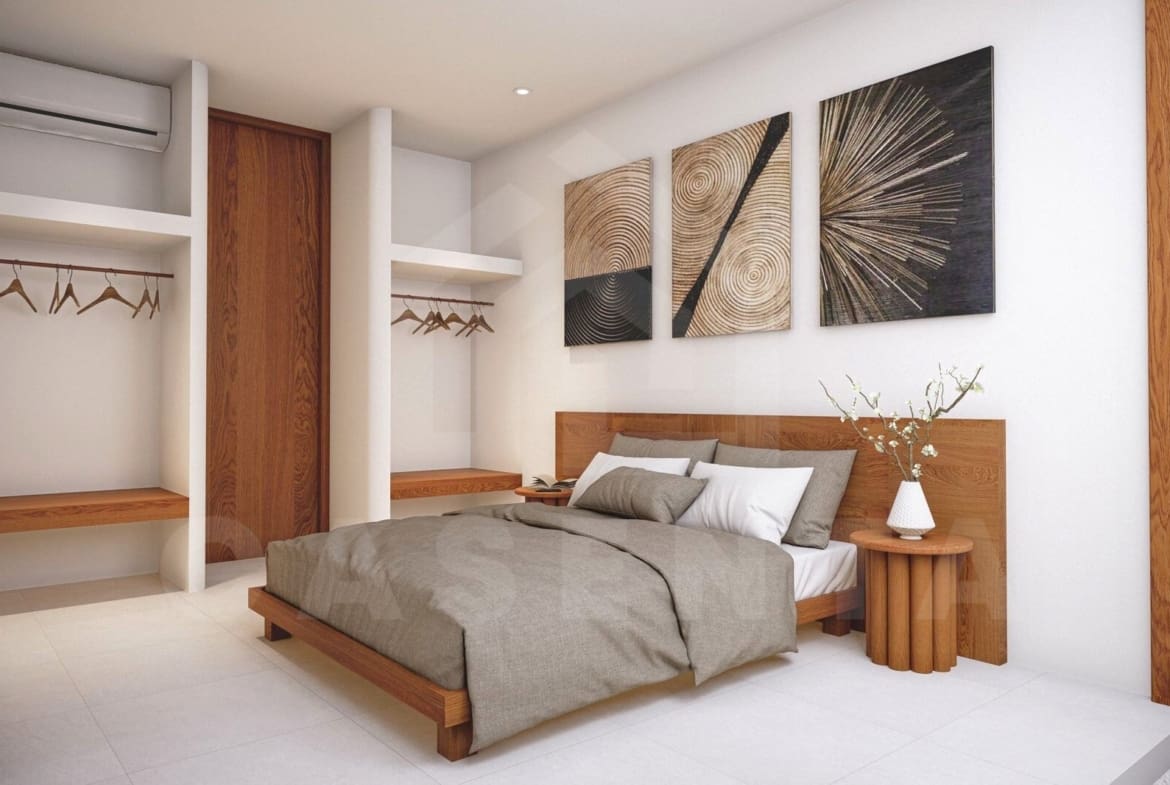 Balangan villa bedroom with wooden accents and modern decor