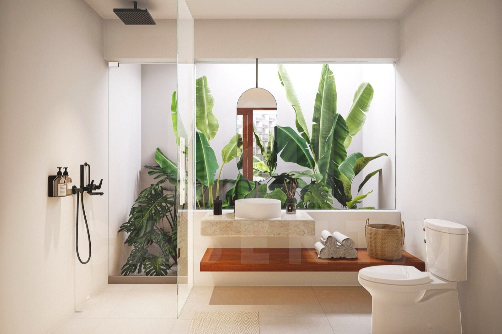 Balangan villa bathroom with garden view and walk-in shower