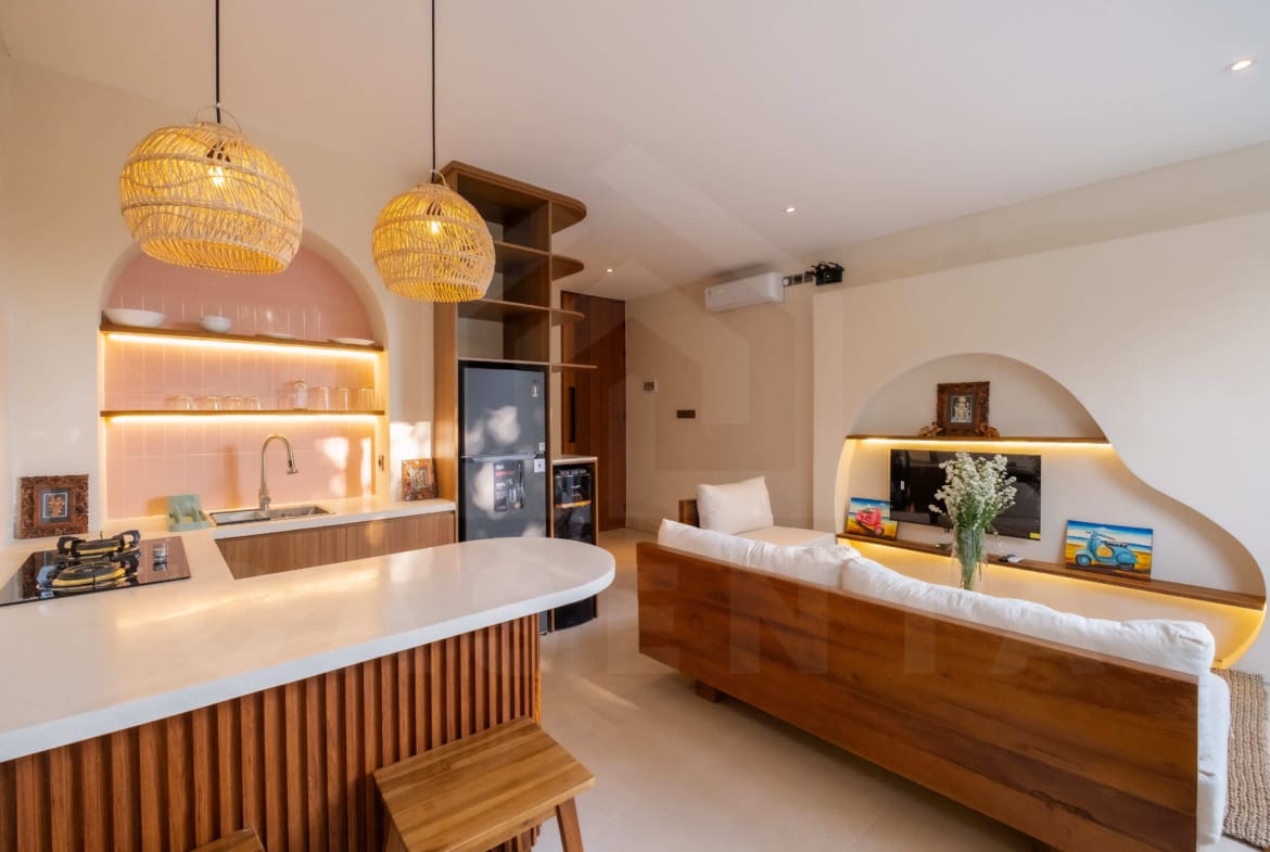 Modern kitchen and living space in Buduk Bali villa