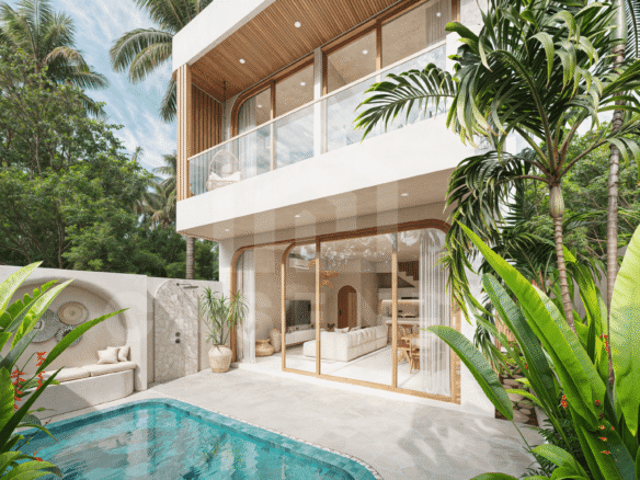 Modern two-story glass-walled home surrounded by lush tropical plants and a rectangular swimming pool in the foreground.