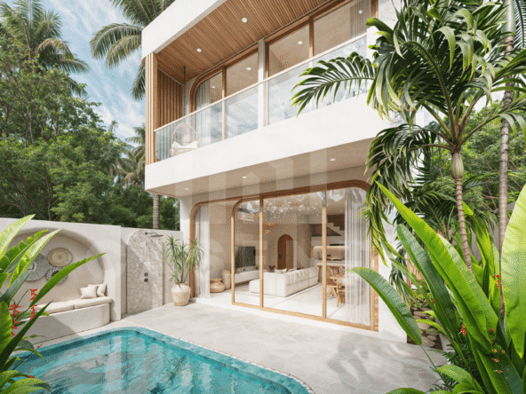 Modern two-story glass-walled home surrounded by lush tropical plants and a rectangular swimming pool in the foreground.
