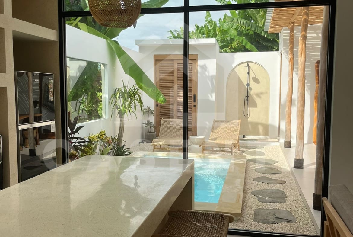 Modern tropical villa open kitchen overlooking private pool and outdoor shower