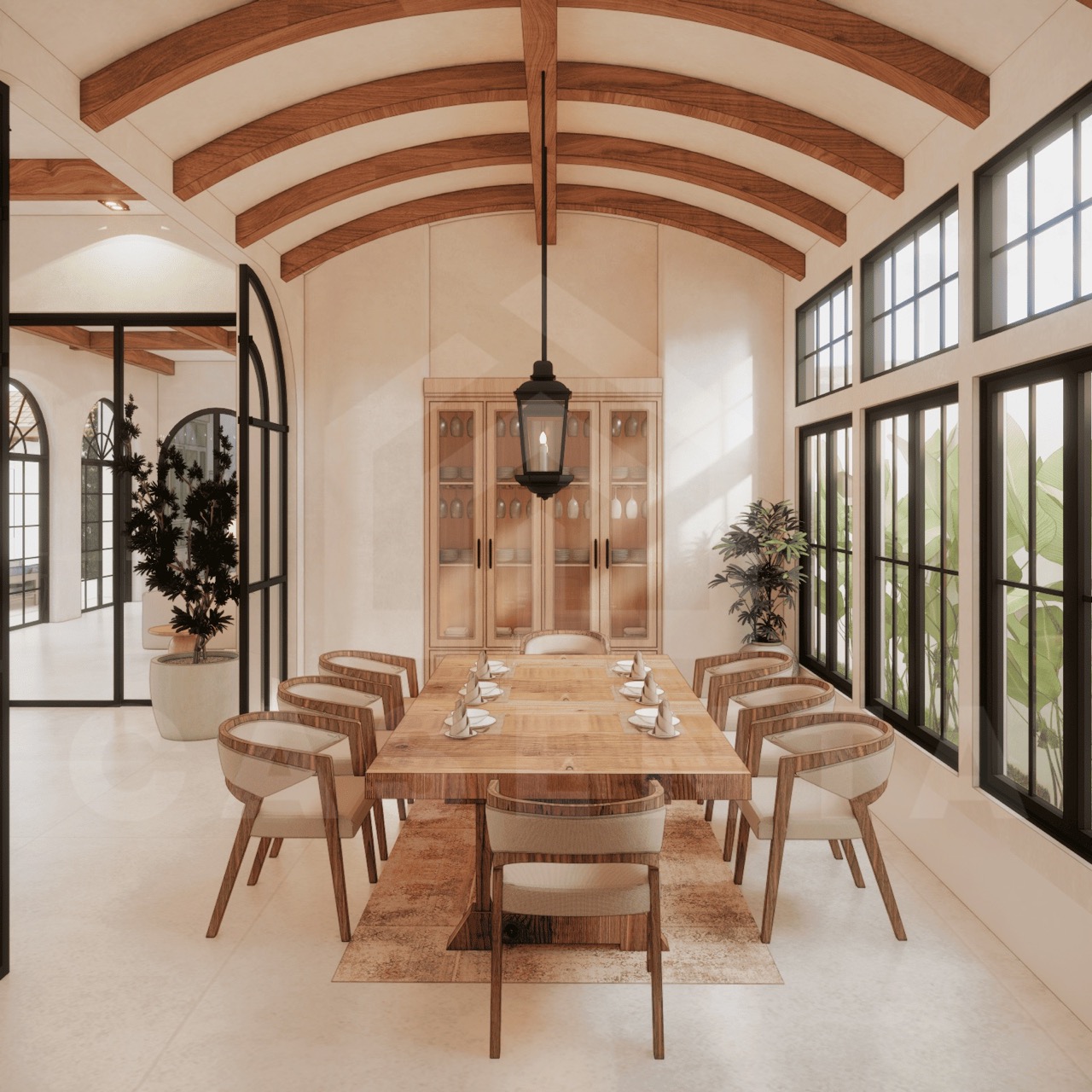 Indoor dining space of Babakan villa with pool view