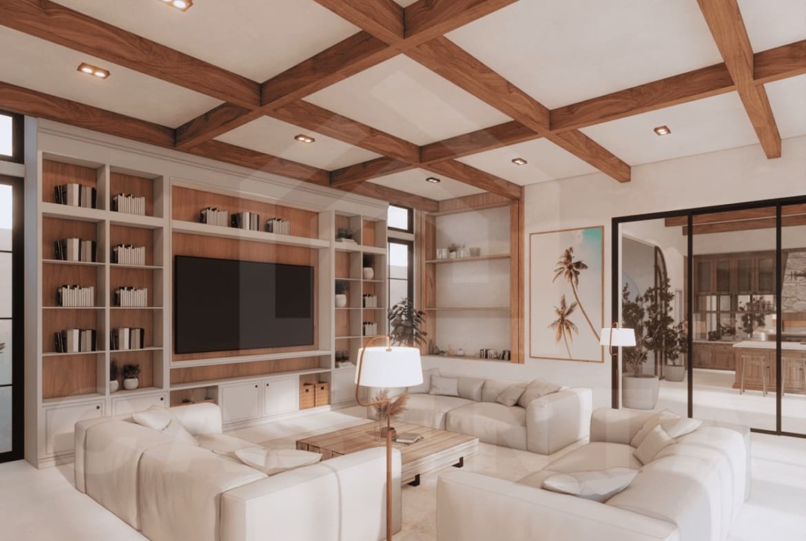 Open living area of Babakan off-plan villa with natural light and modern design