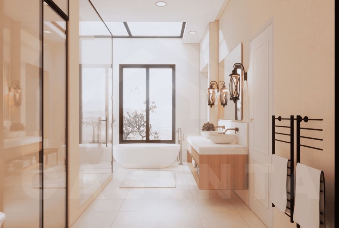Luxury bathroom with freestanding tub in Babakan villa