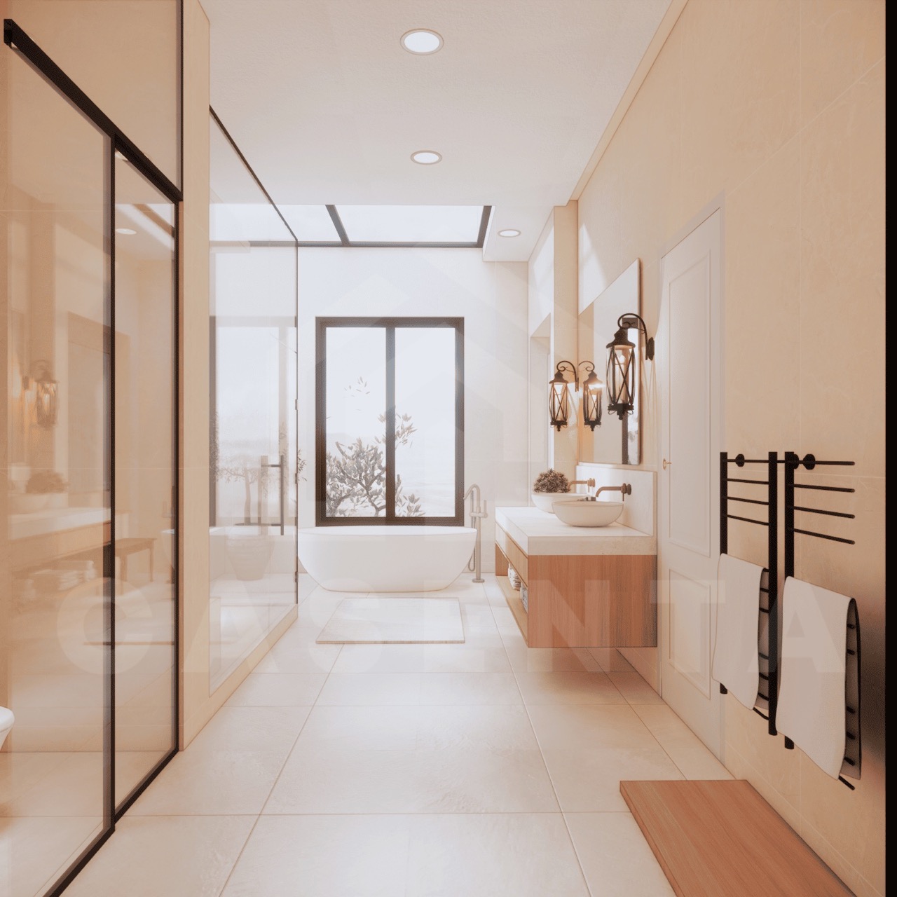 Luxury bathroom with freestanding tub in Babakan villa