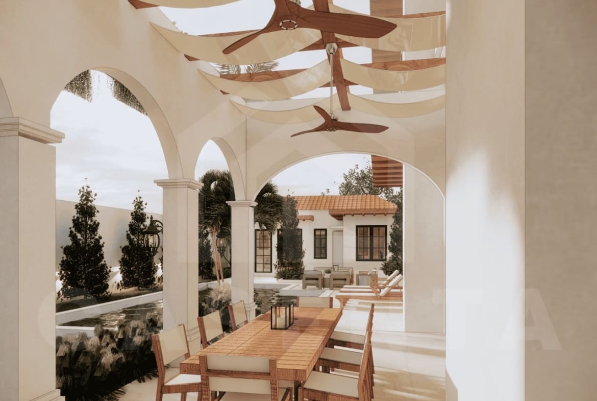 Poolside lounge and outdoor dining in Babakan villa