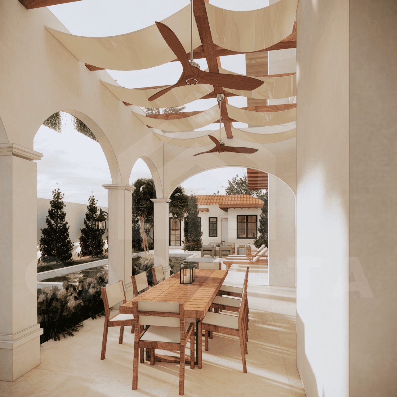 Poolside lounge and outdoor dining in Babakan villa