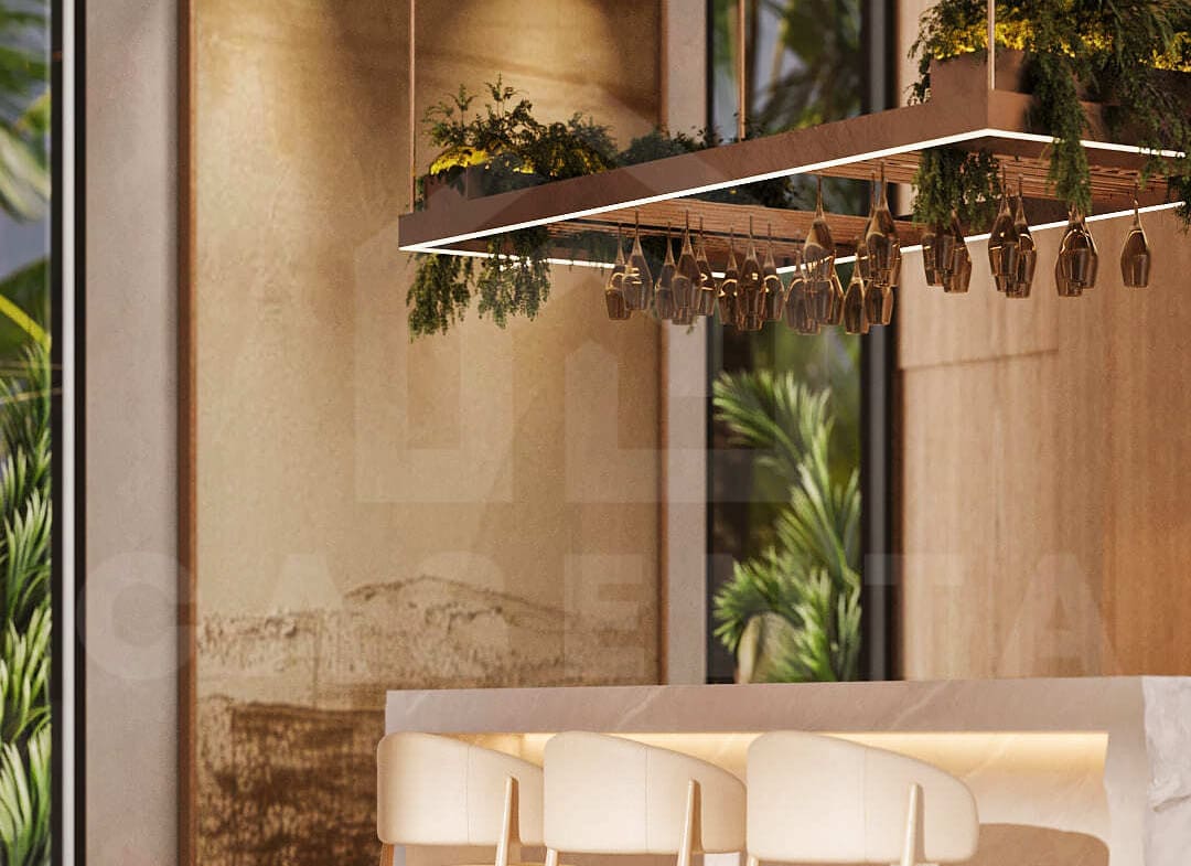 Seseh villa open-plan dining area with pool view