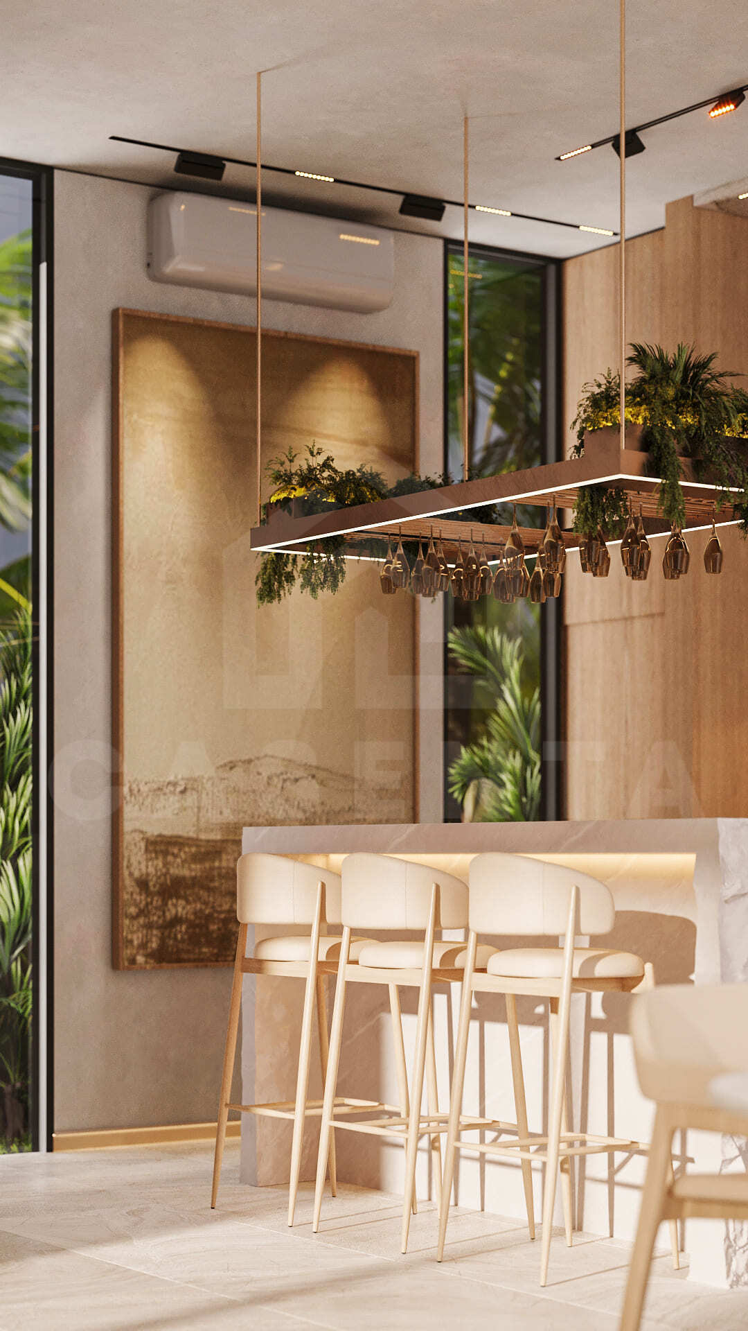 Seseh villa open-plan dining area with pool view