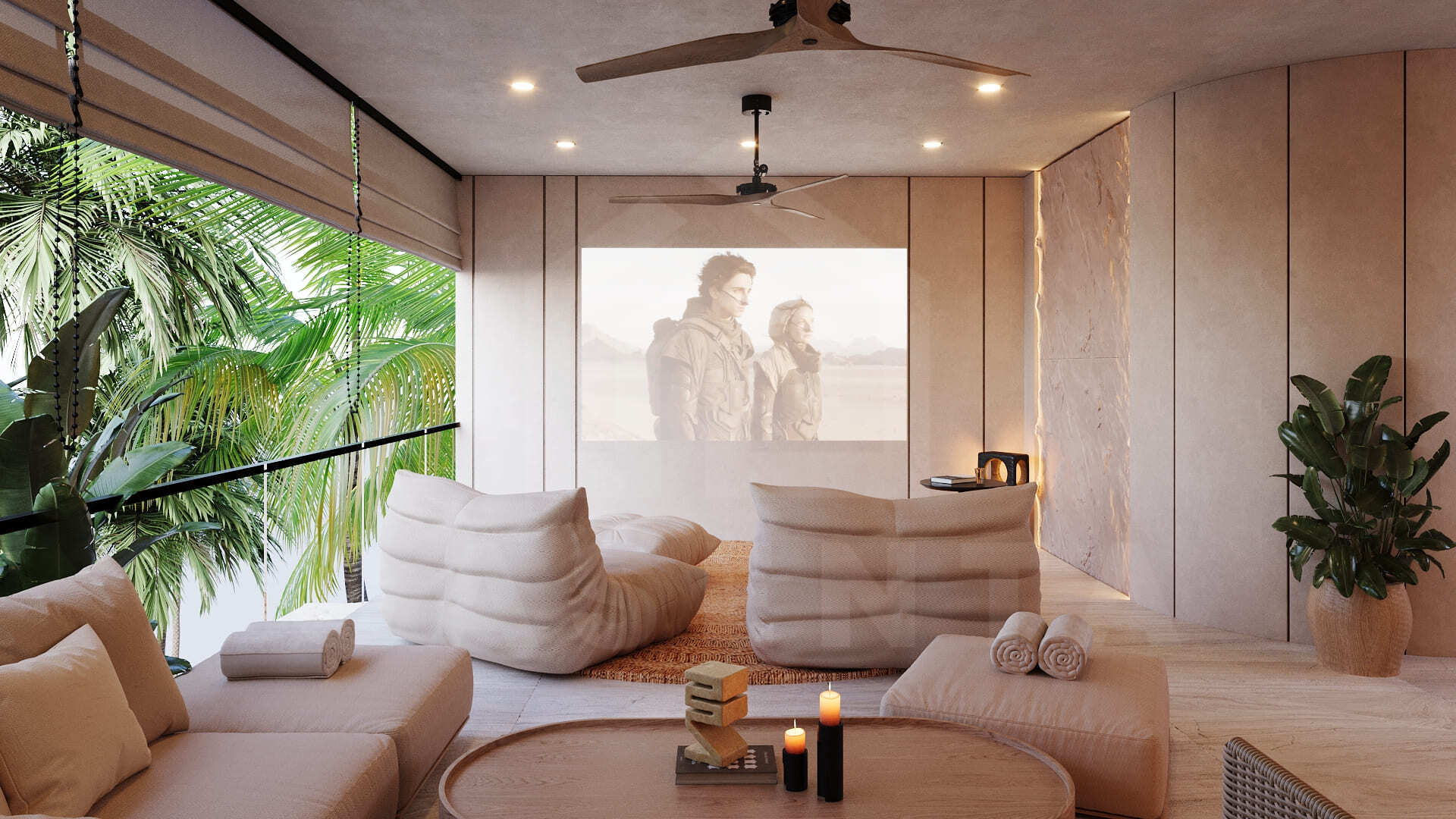 Cozy rooftop cinema lounge with plush seating, soft lighting, and tropical palm views.
