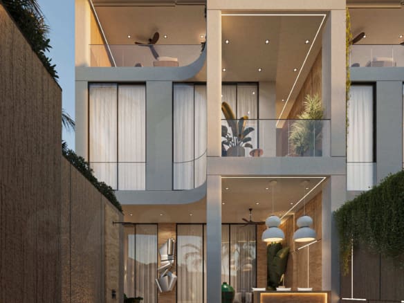 Modern tropical villa exterior with private pool and open-plan living in Seseh