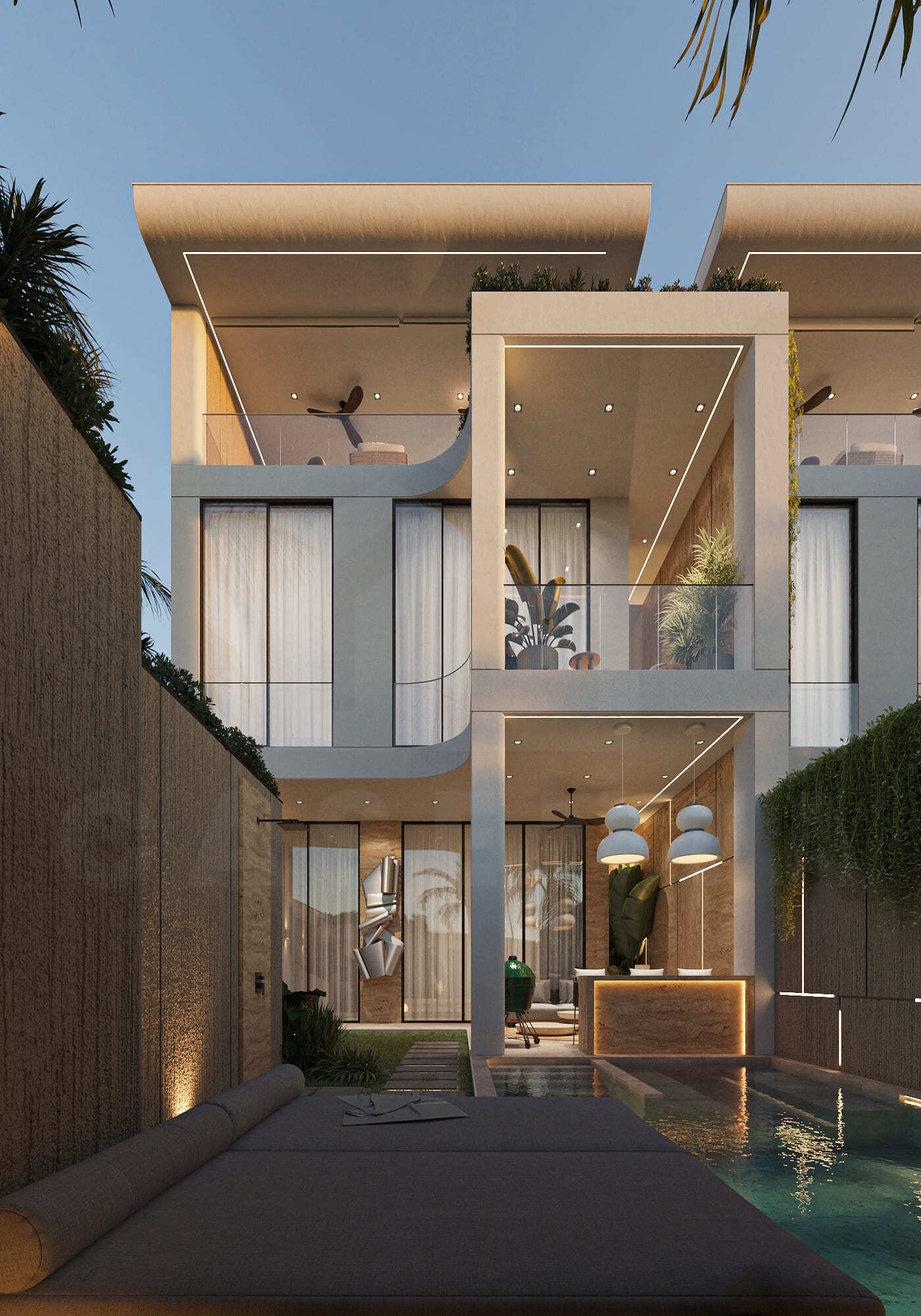 Modern tropical villa exterior with private pool and open-plan living in Seseh