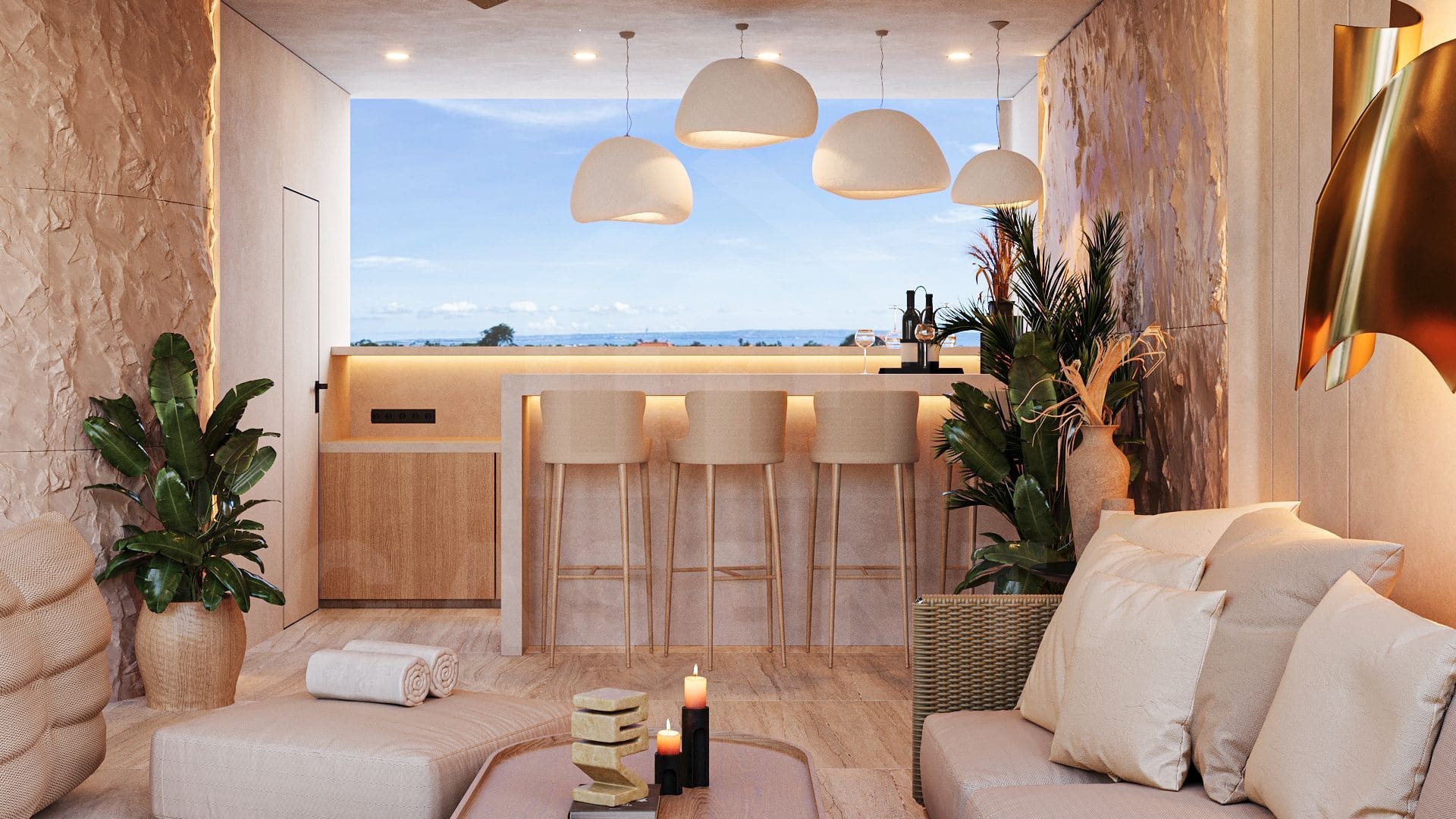 Rooftop lounge with bar seating and ocean horizon view in Seseh villa