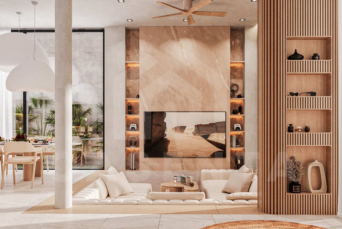 Elegant sunken living area with marble feature wall, built-in shelving, and floor-to-ceiling windows facing lush greenery.