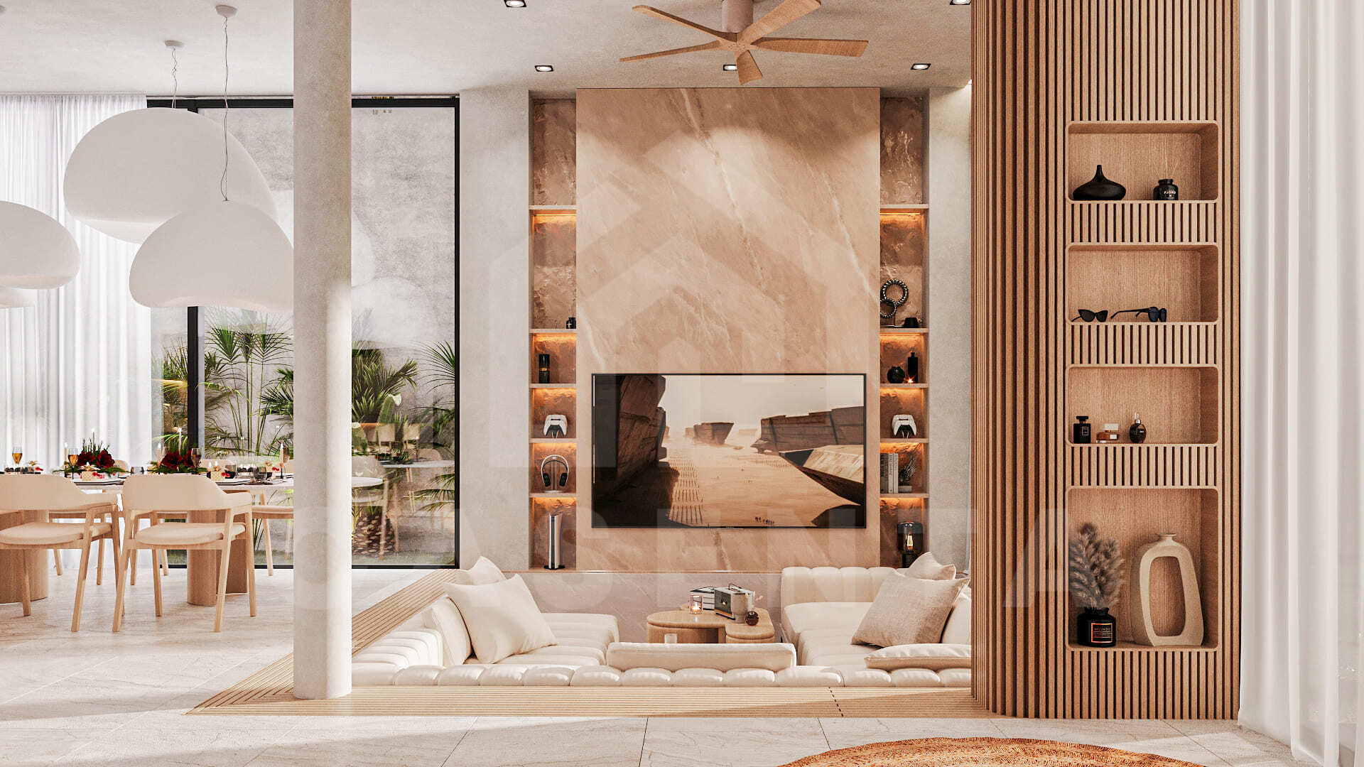 Elegant sunken living area with marble feature wall, built-in shelving, and floor-to-ceiling windows facing lush greenery.