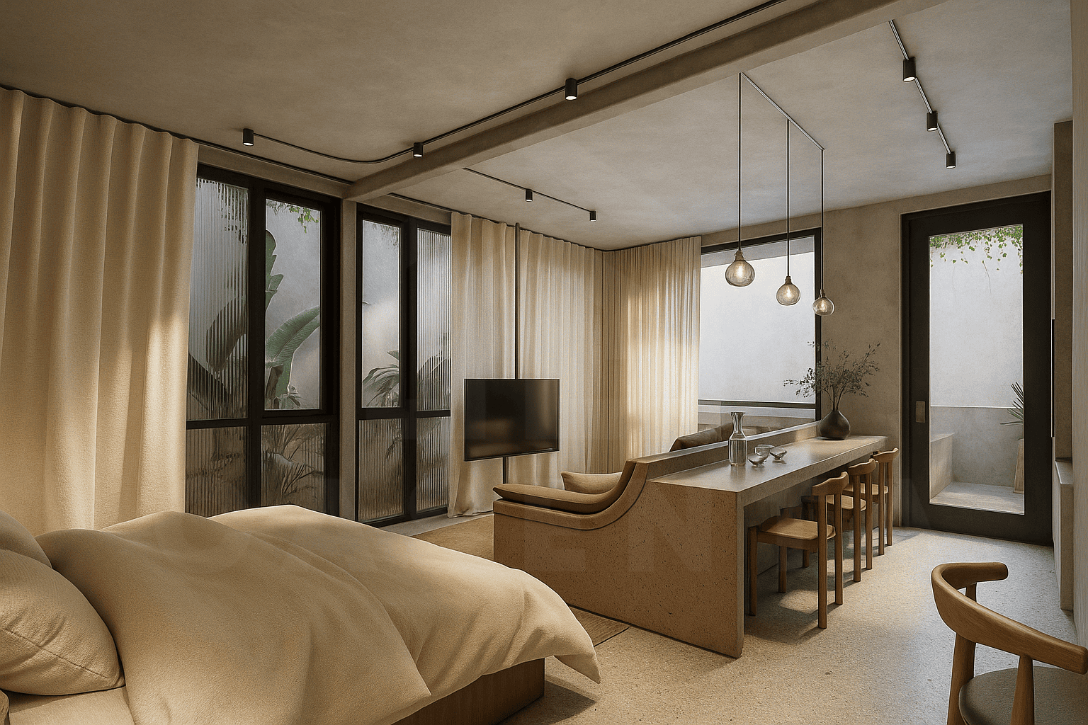 Stylish bedroom flowing into the living area in a boutique Berawa apartment