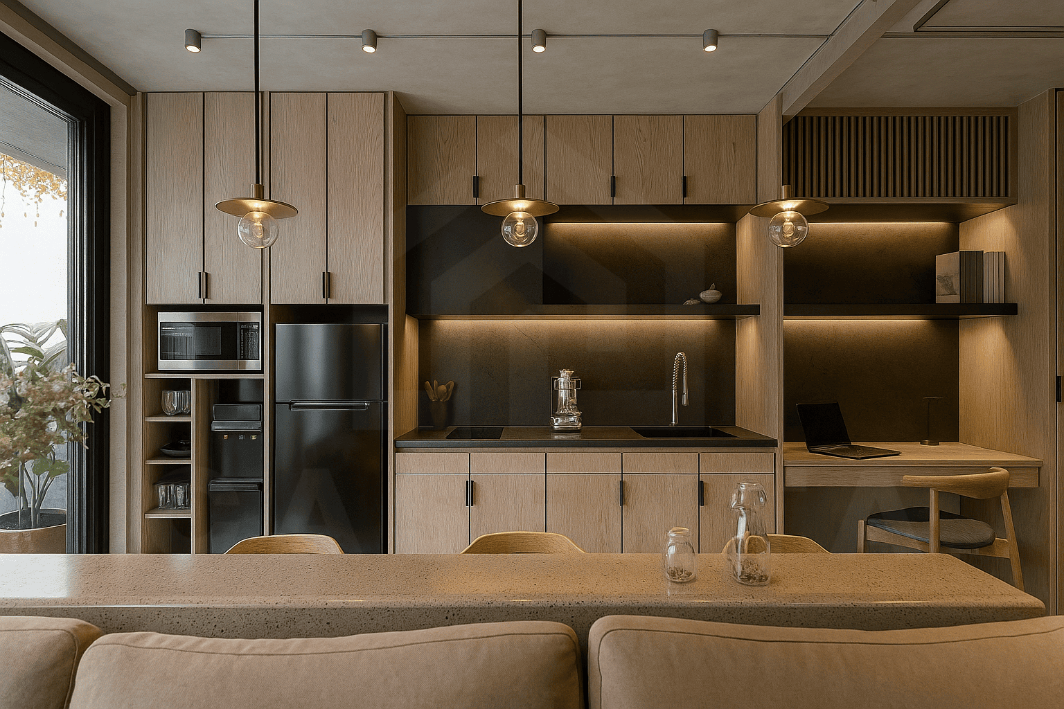 Modern kitchen and dining space in freehold Berawa apartment