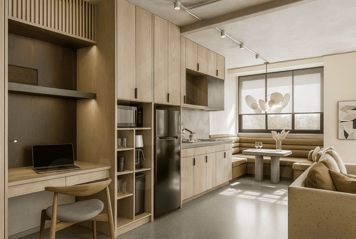 Contemporary kitchen and dining area with warm finishes in Berawa apartment