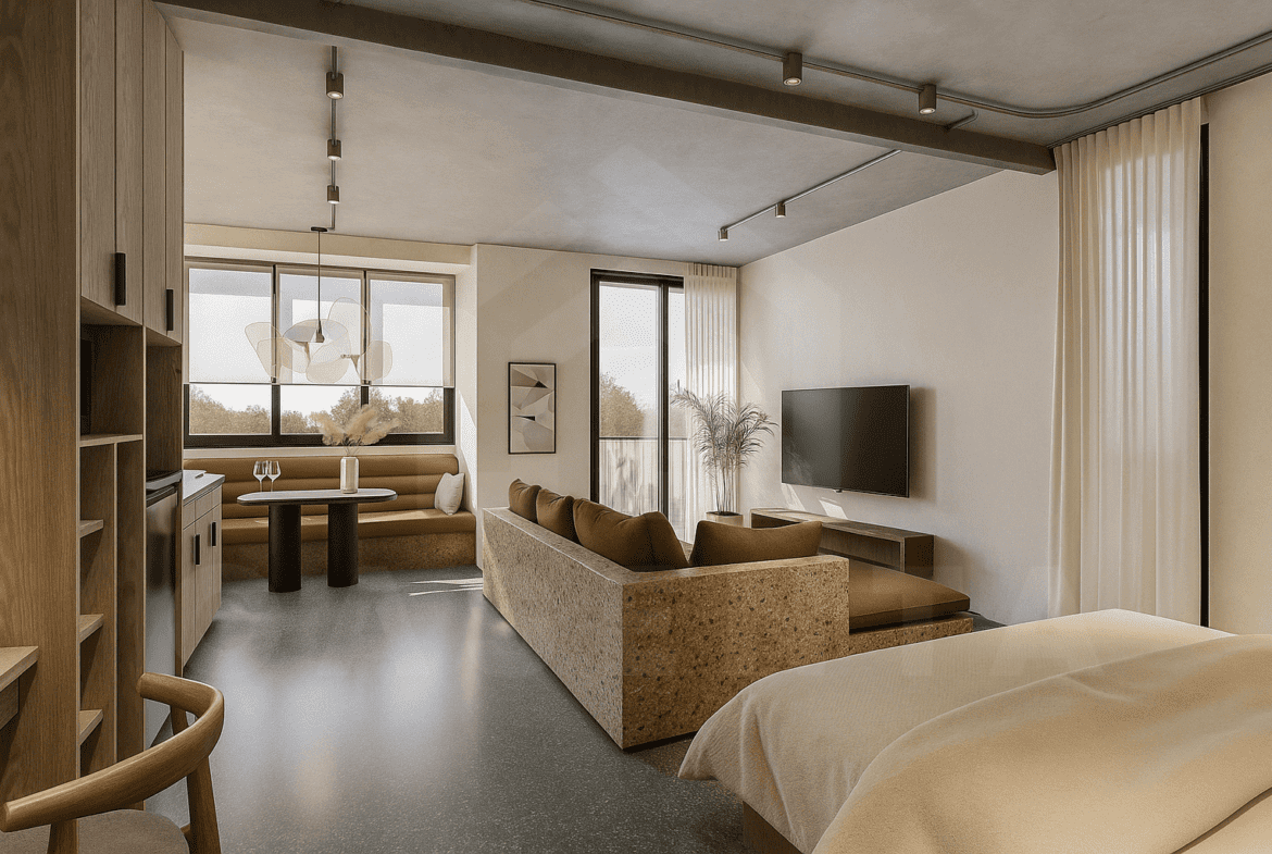 Modern Berawa apartment living and bedroom area with warm lighting