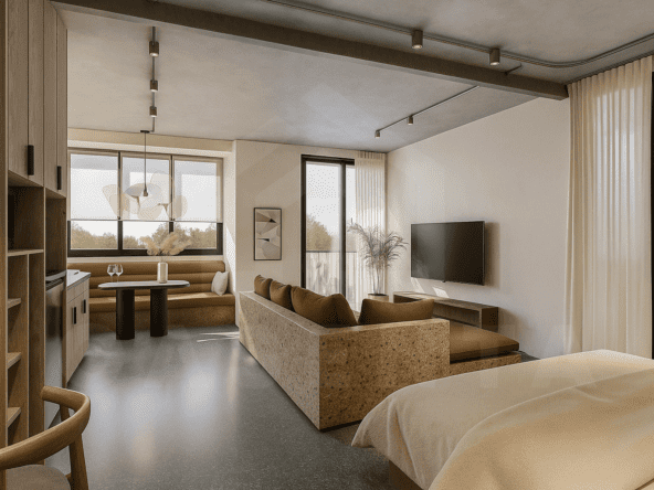 Modern Berawa apartment living and bedroom area with warm lighting