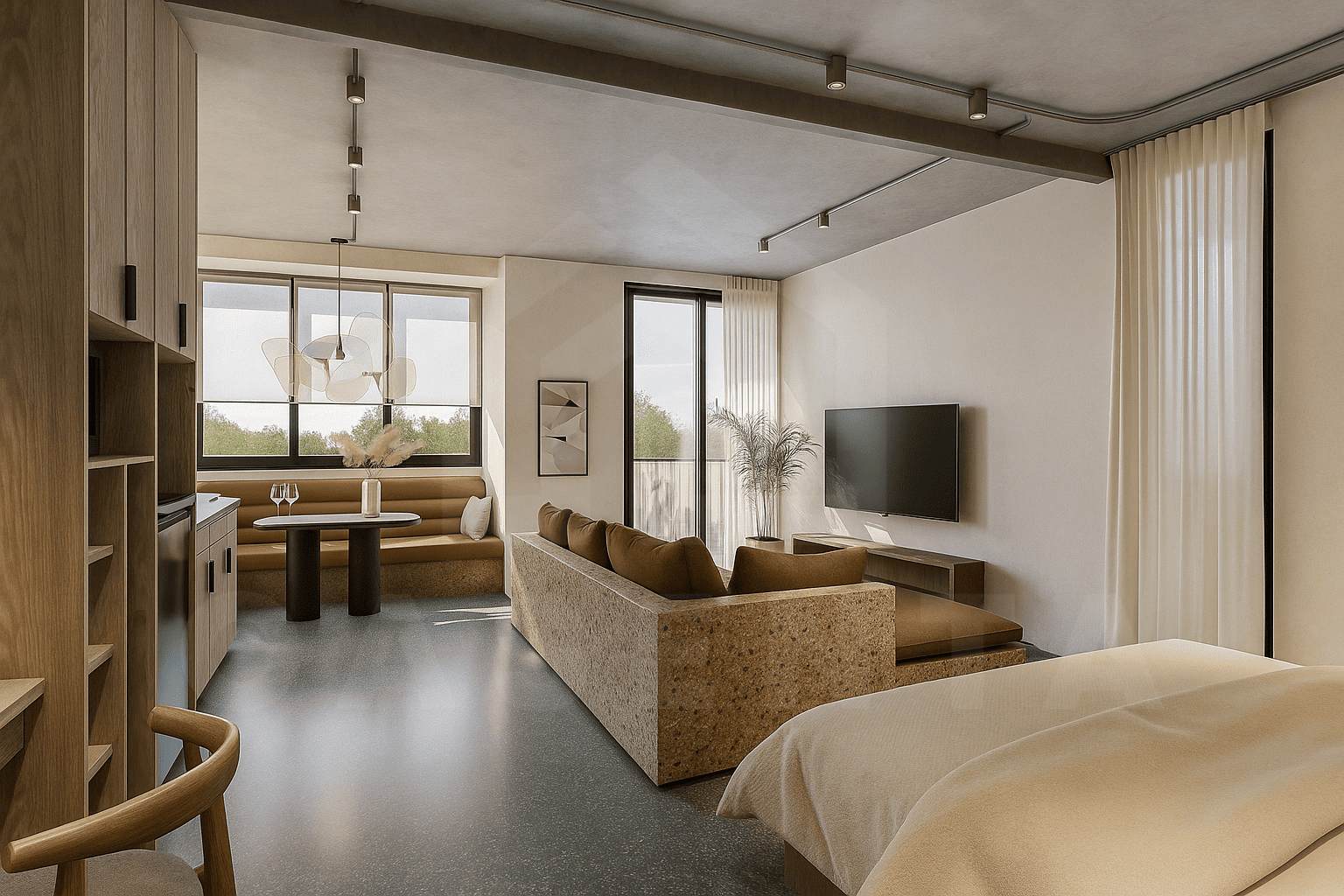 Modern Berawa apartment living and bedroom area with warm lighting