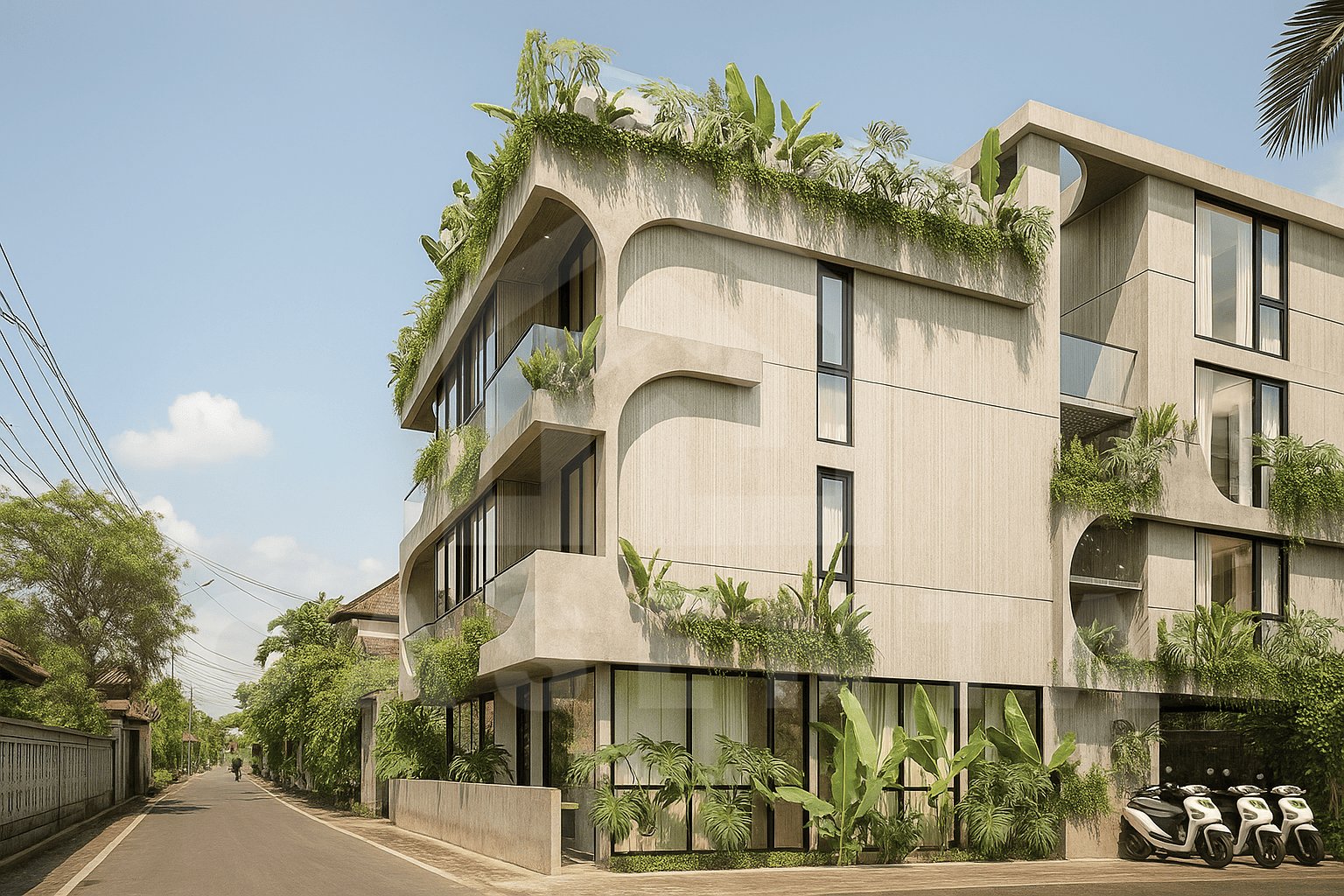 Exterior view overlooking the neighborhood from Berawa apartment