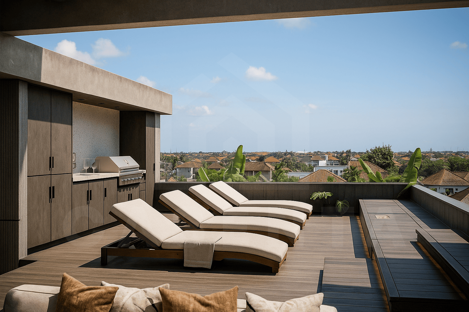 Rooftop pool and sunken lounge in modern Berawa apartment complex