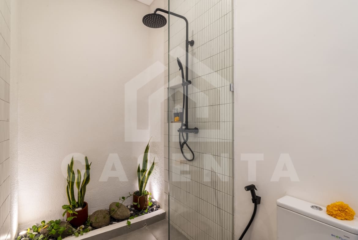 Modern bathroom with walk-in shower and greenery in Canggu villa
