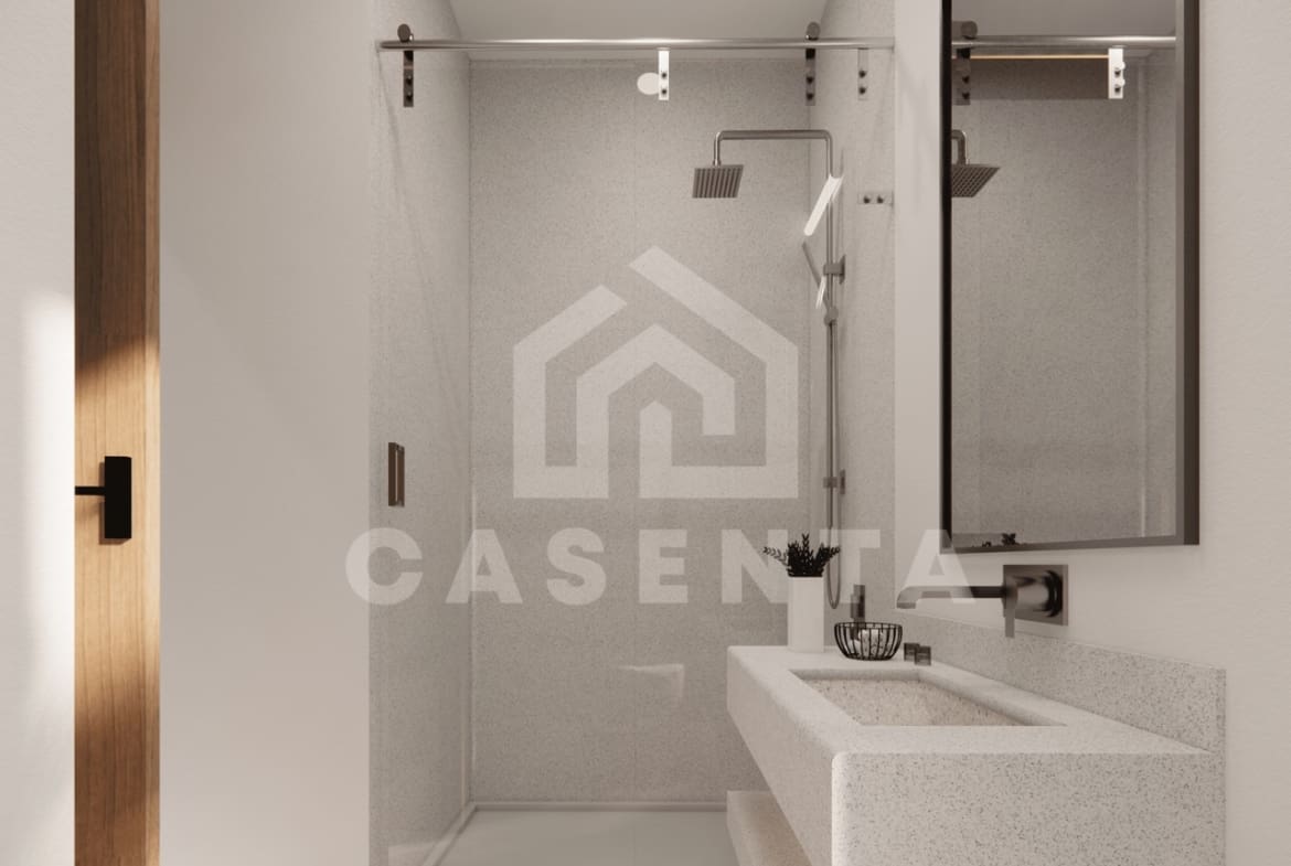 Modern bathroom with walk-in shower and stone countertop