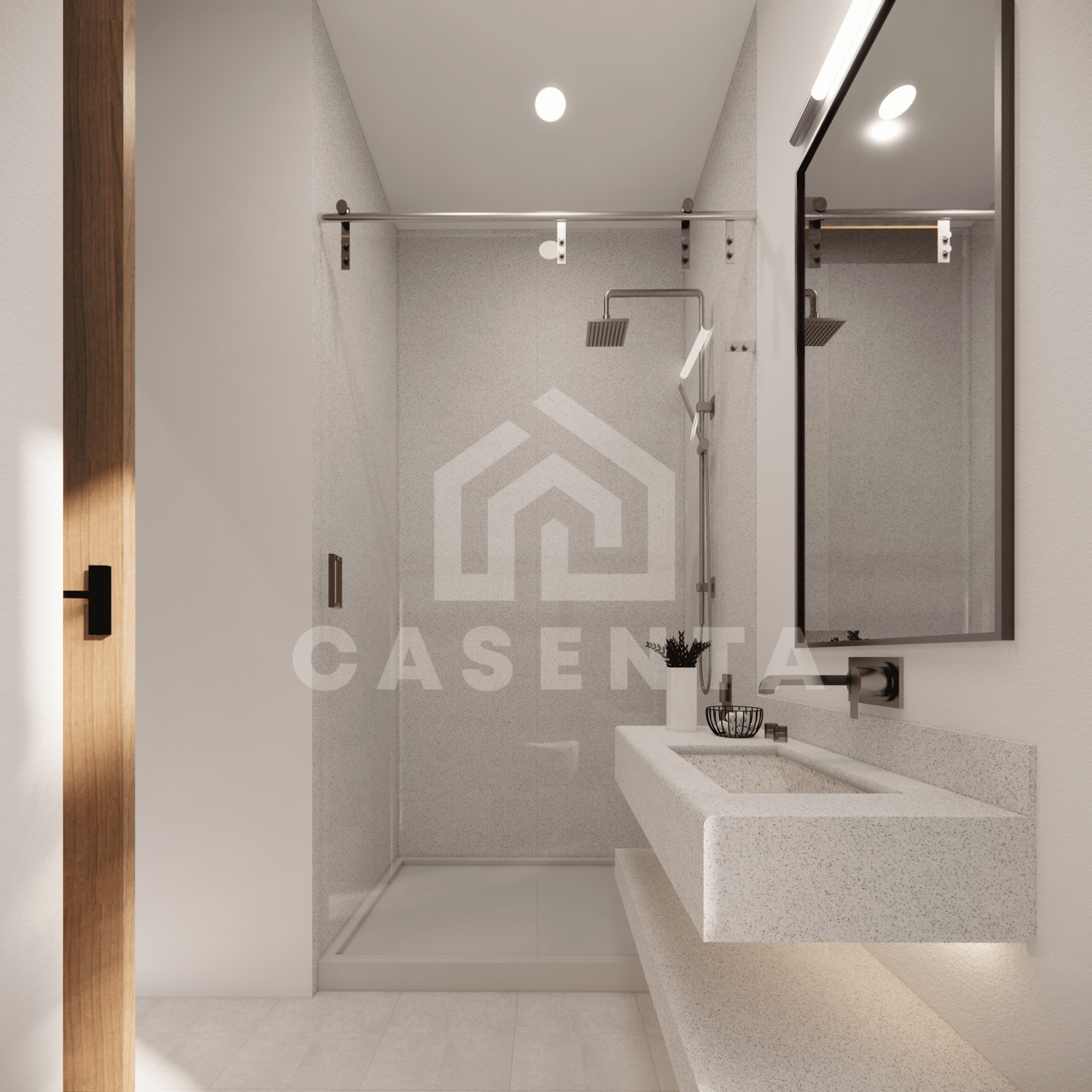 Modern bathroom with walk-in shower and stone countertop