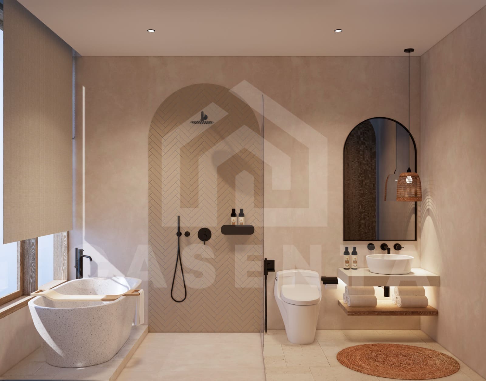 Modern bathroom in Pecatu villa with walk-in shower and bathtub