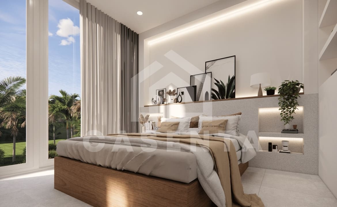 Contemporary bedroom with balcony views and ambient lighting