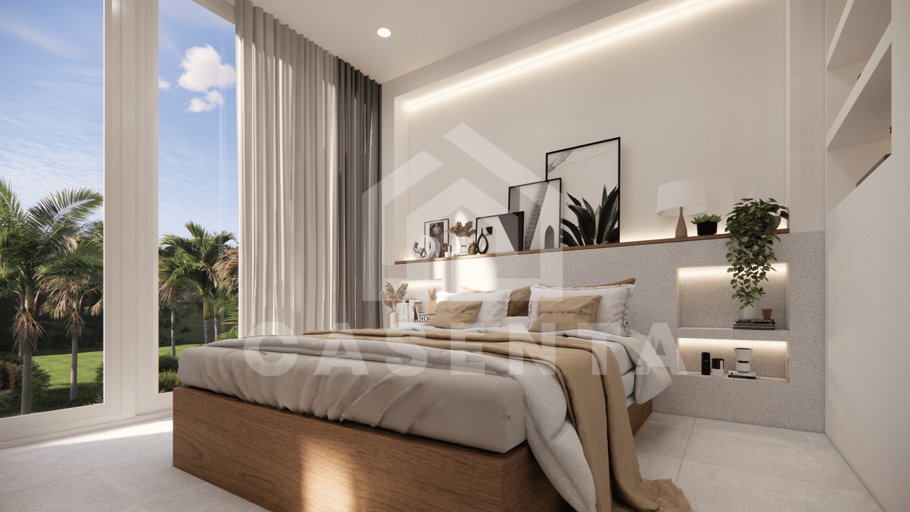 Contemporary bedroom with balcony views and ambient lighting
