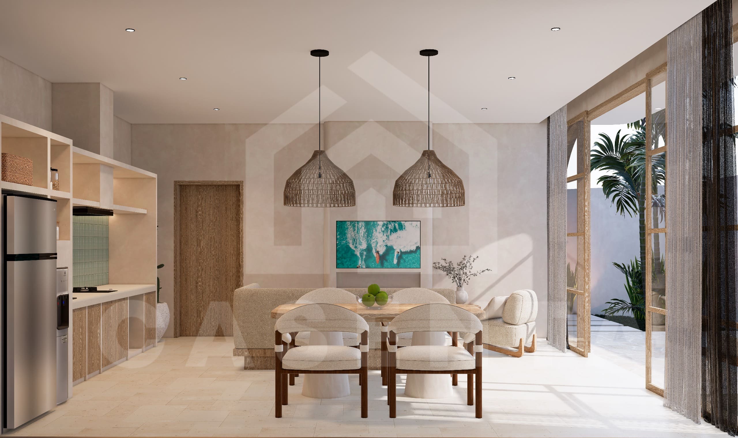 Open-plan dining and kitchen area in Pecatu villa