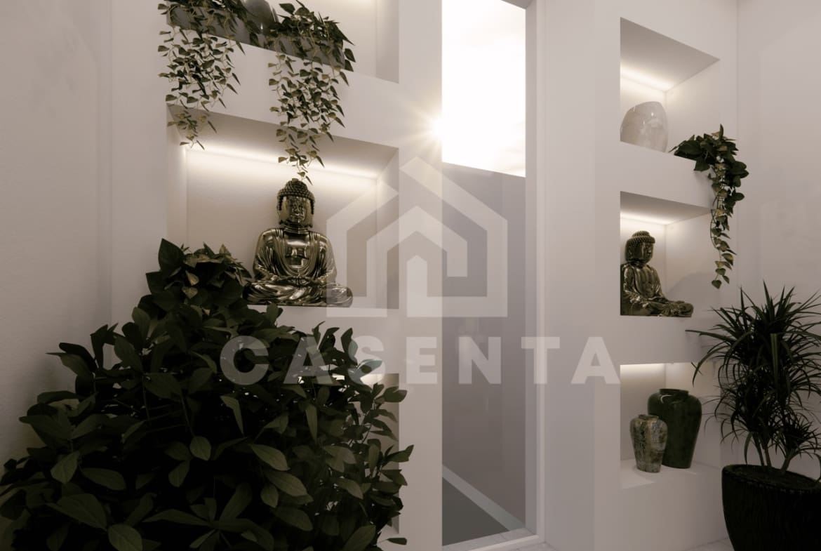 Decorative hallway niche with greenery and shelving